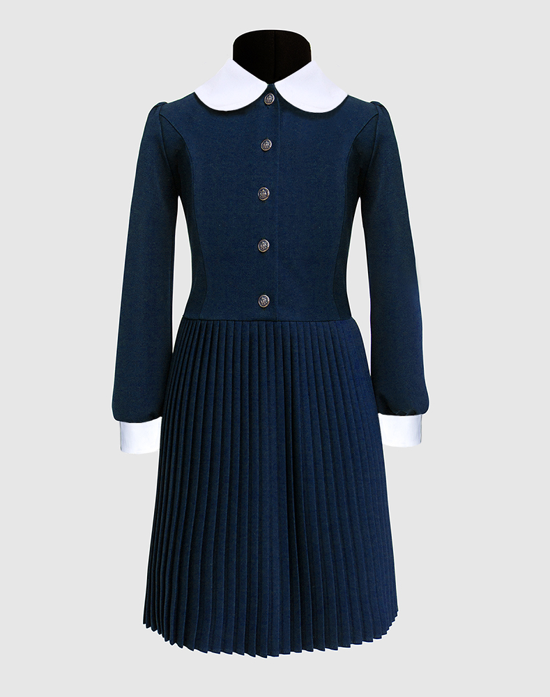 Платье с длинным рукавом юбка плиссе синее, 60582