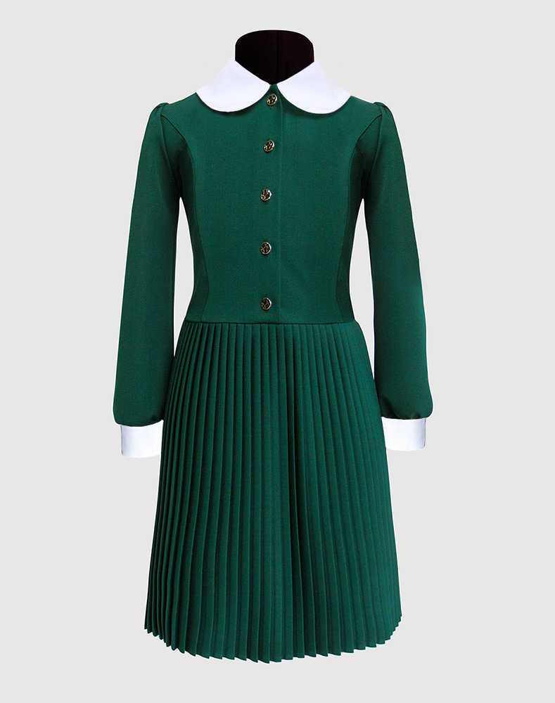 Платье с длинным рукавом юбка плиссе зелёное, 60589